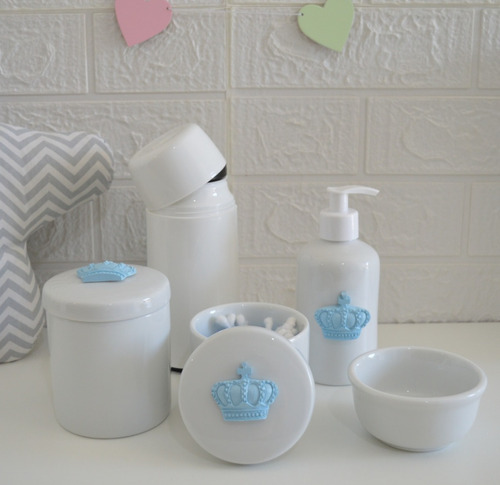 Kit Higiene Porcelana Azul Quarto Bebe Maternidade Off Bancada