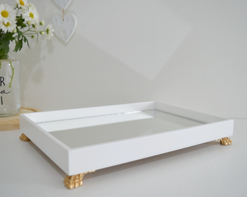 Bandeja Madeira G Espelho Decoração Escritório B096 Dourado