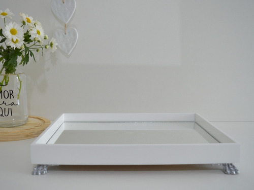 Bandeja Madeira G Espelho Decoração Escritório B096 Prata