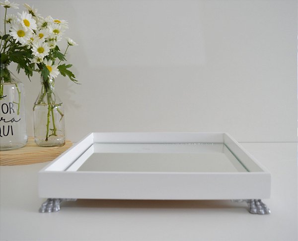 Bandeja Multiuso Bebê MDF P Espelho Resina Decoração B097 - Prata