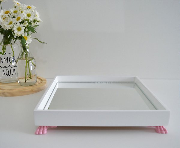 Bandeja Multiuso Bebê MDF P Espelho Resina Decoração B097 - Rosa
