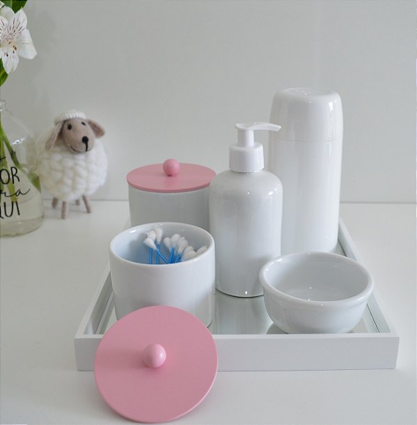 Kit Higiene Porcelana Bebê Bandeja Espelho Mdf Cuidados Bebê