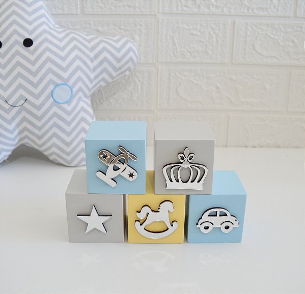 Kit 5 Cubos Prata Enfeite Nome Baby Bancada Maternidade Dado