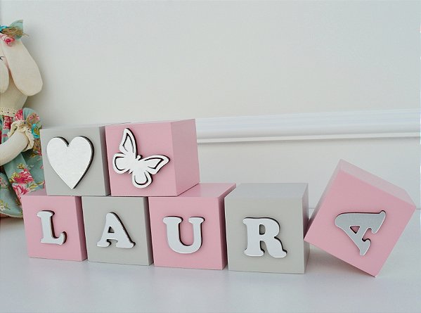 Kit 11 Cubos Mdf Prata Revelação Letra Bebê Espelho Infantil