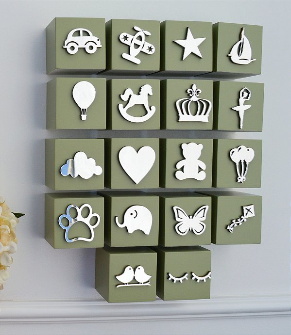 Kit 15 Cubos Prata Letrinha Bebê Decoração Nicho Quarto Bebê