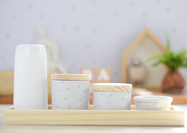 Kit Higiene Porcelana Bebê Maternidade Poá Rosa Bancada K066