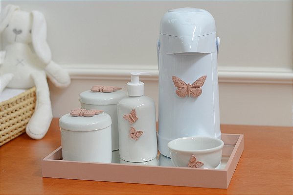 Kit Higiene Bebê Porcelana Térmica Bandeja Banho Borboleta - Rose