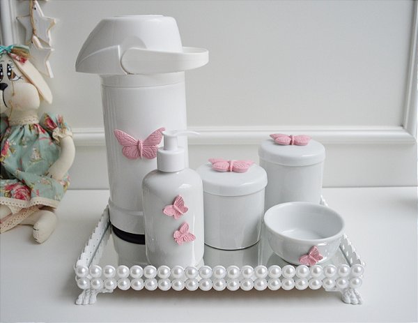 Kit Higiene Porcelana Maternidade Bancada Bebê Meninas Laço Flor Perola K023