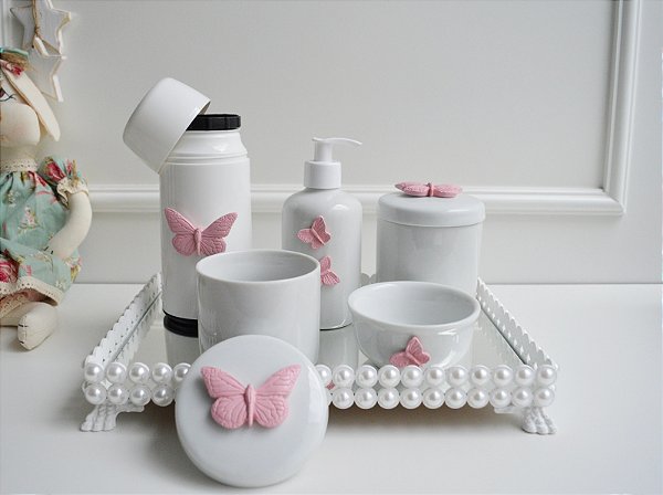 Kit Higiene Porcelana Bebê Rosa Bandeja Perola Térmica Baby Decoração