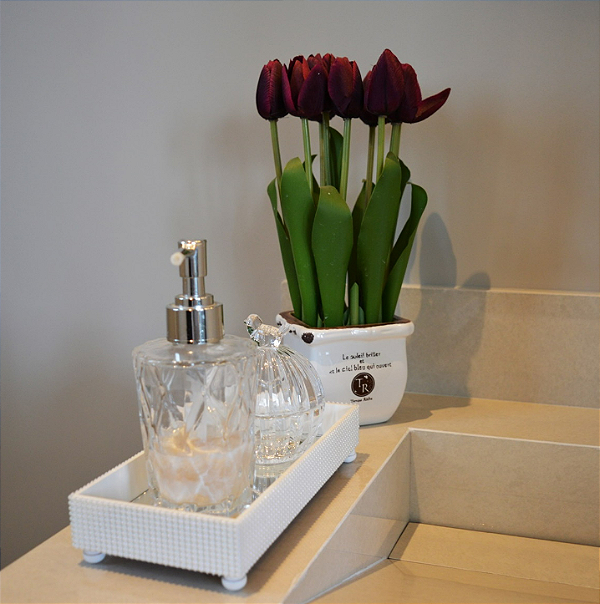 Bandeja Pequena Lavabo Retangular Branca Pérola Espelho Casa Decoração