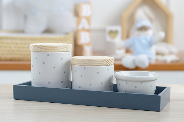Kit Higiene Porcelana Bancada Retangular Madeira Bebê Menino Azul Póa
