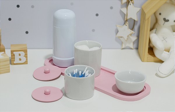 Kit Higiene Bebê Moderno Porcelana Rosa Térmica Banho Maternidade Bancada