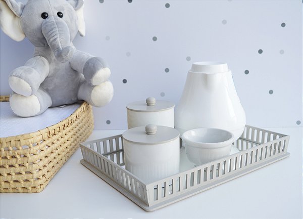 Kit Higiene Porcelanas UnisSex Cinza Bebê Térmica Quarto Maternidade Bancada