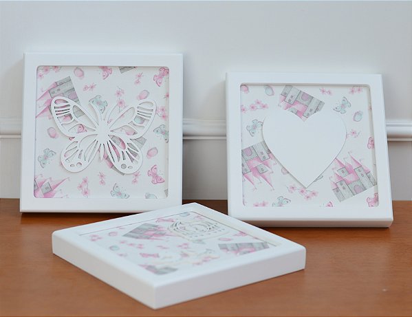 Trio de Quadros Maternidade Meninas Borboleta Coração Jardim Meninas