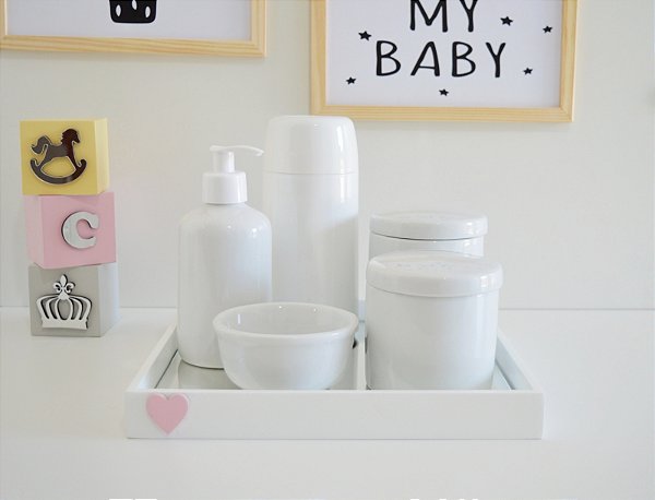 Kit Higiene Porcelana Bebê Maternidade + Bandeja + Potes Porcelana + Garrafa térmica 250ml