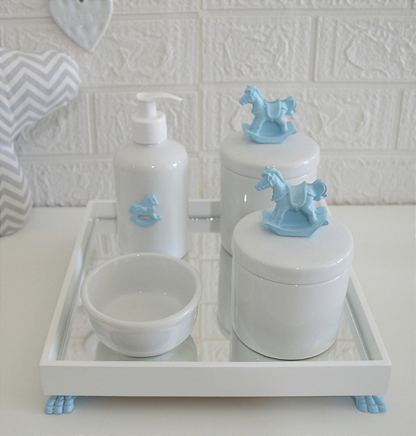 Kit Higiene Maternidade Bebê Porcelana Gel Espelho Pote - Tema Cavalo