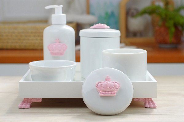 Kit Higiene Porcelana Bebê Banho Cuidado Quarto - Tema Coroa