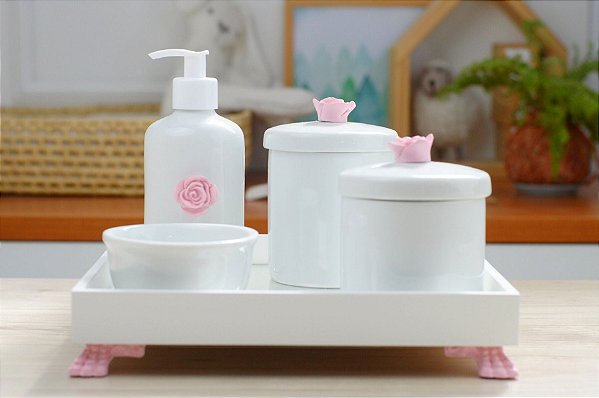 Kit Higiene Porcelana Bebê Banho Cuidado Quarto - Tema Flor