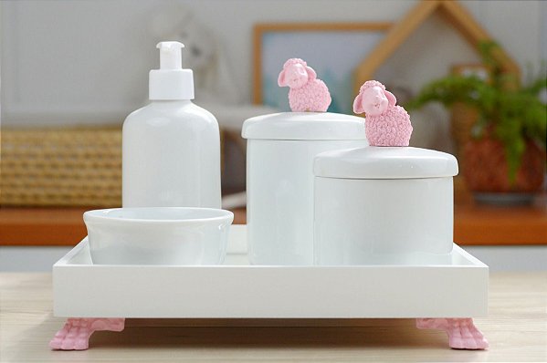 Kit Higiene Porcelana Bebê Banho Cuidado Quarto - Tema Ovelha