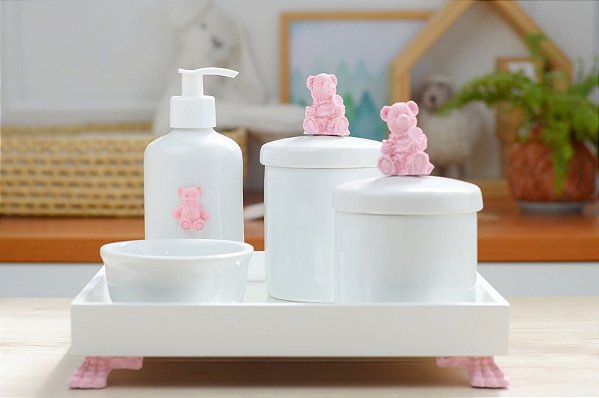 Kit Higiene Porcelana Bebê Banho Cuidado Quarto - Tema Ursa