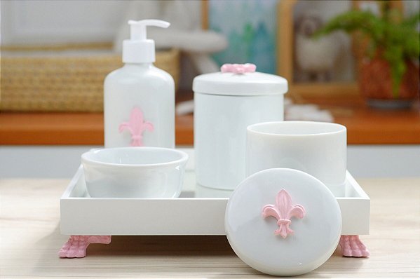 Kit Higiene Porcelana Bebê Banho Quarto - Tema Flor de Liz