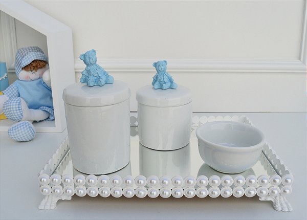 Kit Higiene Bebê Porcelana Maternidade Meninos + Potes + Bandeja Pérola