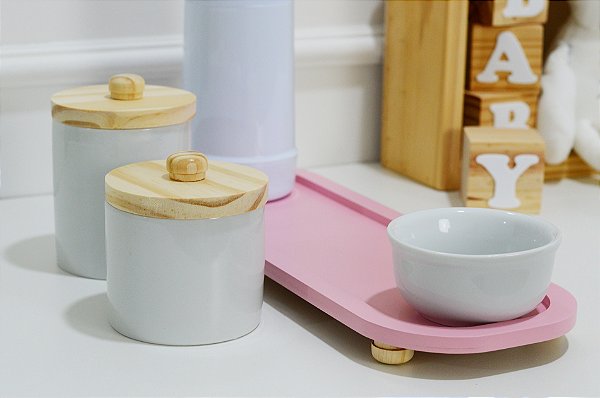 Kit Higiene Porcelana Bebê Pinus Rosa Térmica Bandeja Maternidade