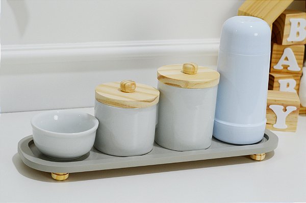 Kit Higiene Porcelana Bebê Pinus Cinza Térmica Bandeja Maternidade
