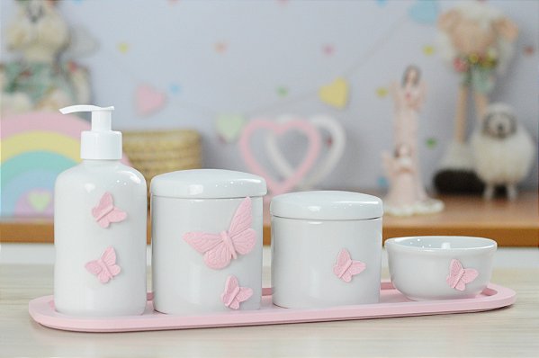Kit Higiene Bebê Porcelana Maternidade Borboleta Menina Quarto Bancada Banho Cuidados