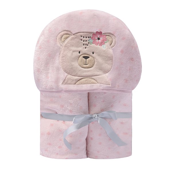 Cobertor de Microfibra Menina Ursinha Bordado Maternidade Bebê Com Capuz