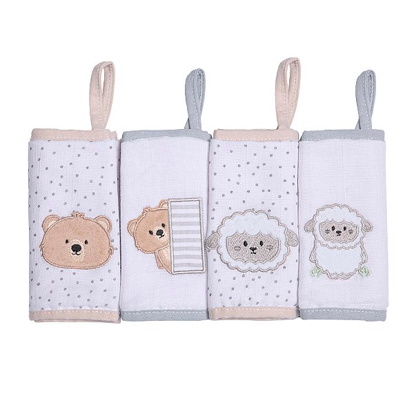 Kit 04 Paninhos de Boca 100% Algodão Urso Ovelha Maternidade Bebê Papi
