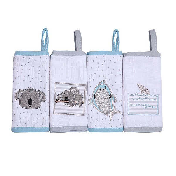 Kit 04 Paninhos de Boca 100% Algodão Tubarão Coala Maternidade Bebê Papi