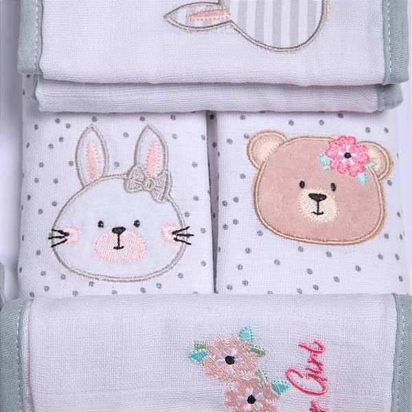 Kit 04 Paninhos de Boca 100% Algodão Ursinha Coelinha Maternidade Bebê Papi