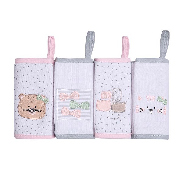 Kit 04 Paninhos de Boca 100% Algodão Gatinha e Oncinha Maternidade Bebê Papi