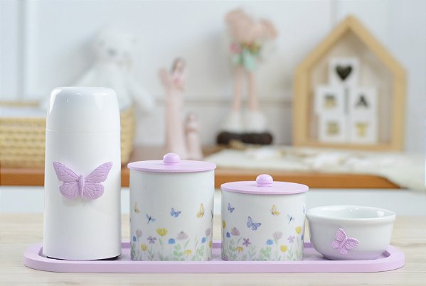 Kit Higiene Porcelana Bebê Maternidade Borboletas Cuidados Meninas Jardim Encantado