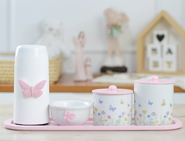 Kit Higiene Porcelana Bebê Maternidade Borboletas Rosa Cuidados Meninas Jardim Encantado