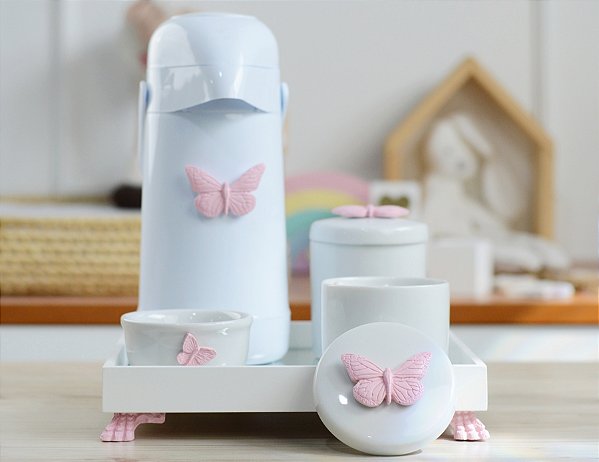 Kit Higiene Porcelana Bebê Maternidade Meninas Decoração Bancada - Garrafa Térmica