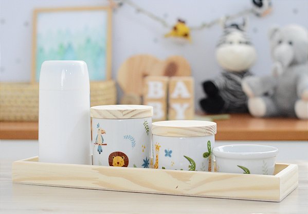 Kit Higiene Porcelana Maternidade Meninos Bebê Safari Pinus Bancada Onça Montessoriano