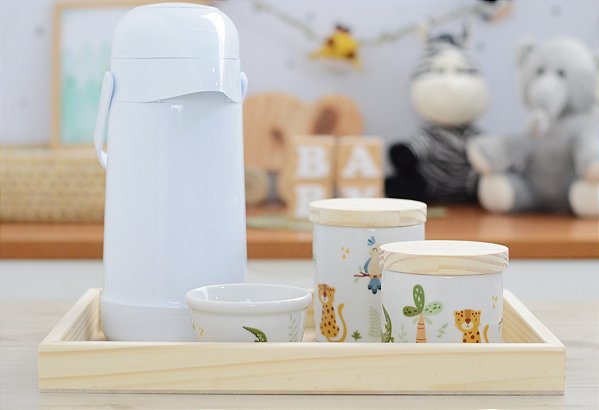 Kit Higiene Porcelana Maternidade Infantil Safari Pinus Montessoriano + Térmica 500ml