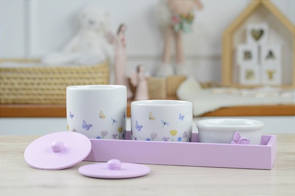 Kit Higiene Porcelana Bebê Jardim Encantado Borboleta Lilas Meninas Maternidade