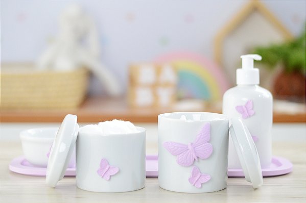 Kit Higiene Porcelana Maternidade Bebê Jardim Encantado Borboleta Lilas Meninas