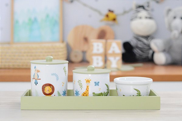 Kit Higiene Porcelana Bebê Maternidade Safari Leão Girafa Decoração Bancada