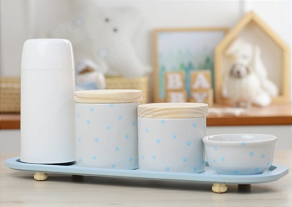 Kit Higiene Porcelana Bebê Maternidade Poa Azul Bancada Meninos K114