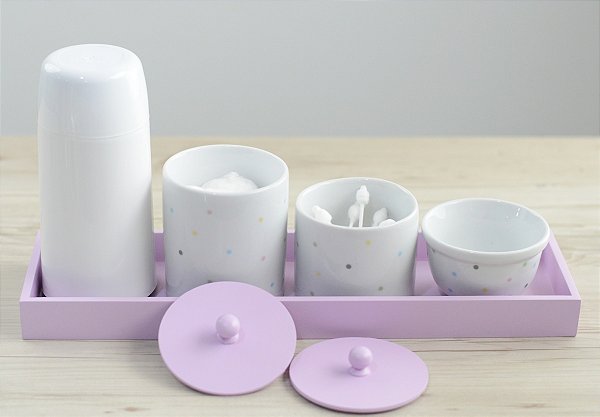 Kit Higiene Porcelana Bebê Maternidade Poa Colorido Bandeja + Garrafa Térmica - Rosa