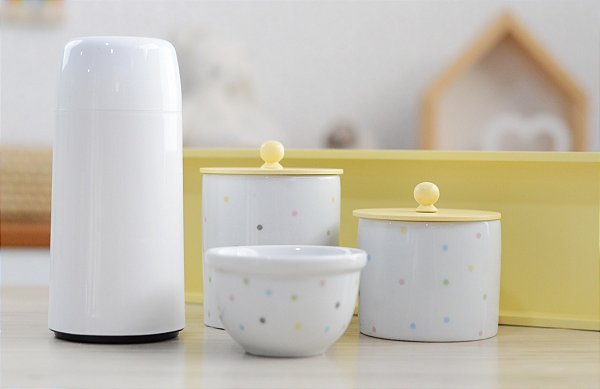 Kit Higiene Porcelana Bebê Maternidade Poa Colorido Bandeja + Potes + Garrafa Térmica - Amarelo