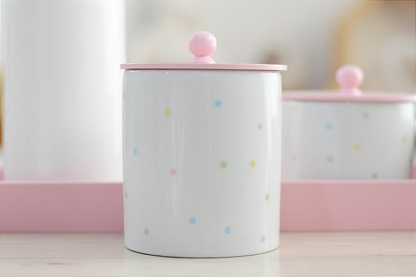 Kit Higiene Porcelana Bebê Poa Colorido Maternidade Meninas Quarto Bandeja + Garrafa + Potes - Rosa