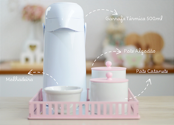 Kit Higiene Porcelana Maternidade Bebê Meninas Decoração Infantil Potes + Térmica - Rosa