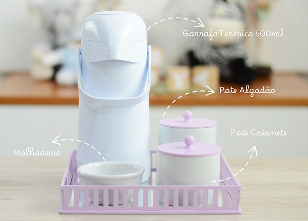 Kit Higiene Porcelana Bebê Maternidade K212 Lilas Meninas Decoração Quarto Potes + Térmica