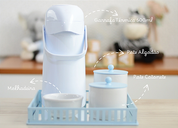 Kit Higiene Porcelana Bebê Maternidade Azul K212 Decoração Quarto Infantil + Potes + Térmica