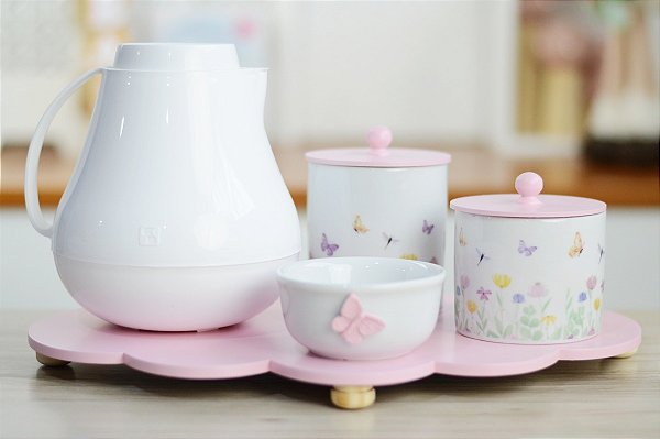 Kit Higiene Bebê Maternidade Quarto Meninas Tema Borboletas Rosa Potes Cotonete Algodão Cuidados Bebê